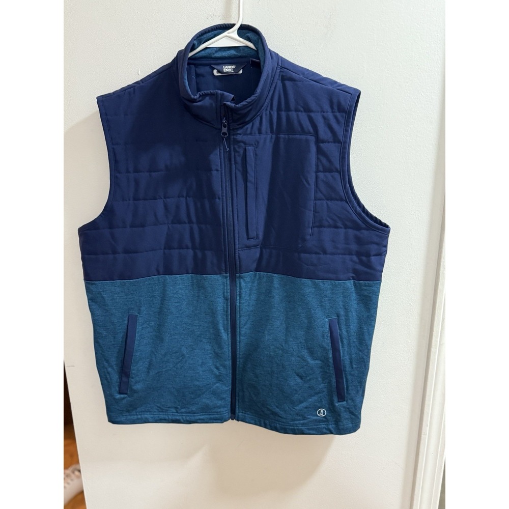 Lands End Mens Large 42-44 Hybrid Quilted Puffer Fleece Vest Navy Blue Teal